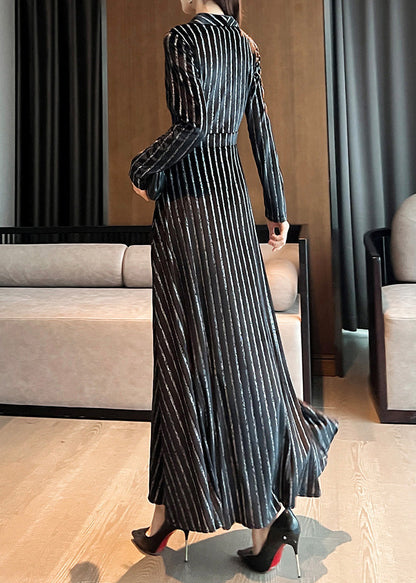 Slim Fit Black Notched Striped Maxi Dresses Long Sleeve LY1717 - fabuloryshop