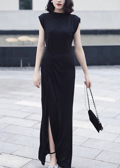 Slim Fit Black O-Neck Front Open Patchwork Chiffon Long Dresses Summer Ada Fashion