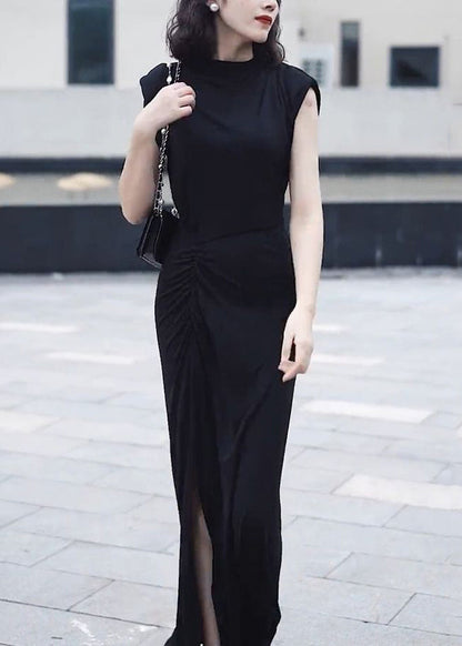 Slim Fit Black O-Neck Front Open Patchwork Chiffon Long Dresses Summer Ada Fashion