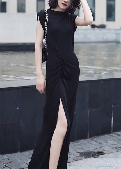 Slim Fit Black O-Neck Front Open Patchwork Chiffon Long Dresses Summer Ada Fashion