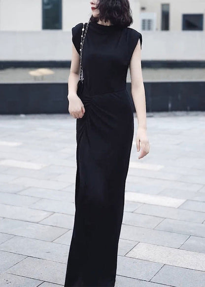 Slim Fit Black O-Neck Front Open Patchwork Chiffon Long Dresses Summer Ada Fashion