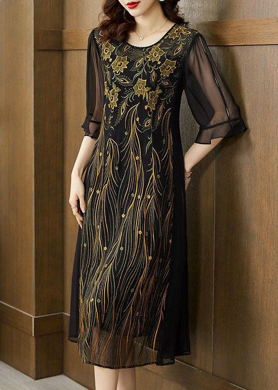 Slim Fit Black O Neck Patchwork Embroideried Silk Dresses Summer LY2246 - fabuloryshop