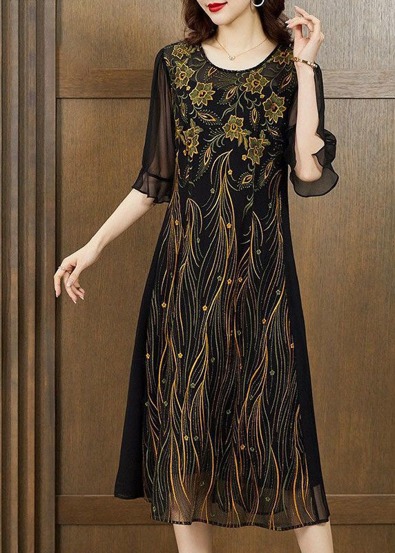 Slim Fit Black O Neck Patchwork Embroideried Silk Dresses Summer LY2246 - fabuloryshop