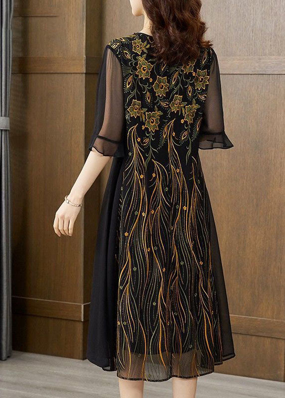 Slim Fit Black O Neck Patchwork Embroideried Silk Dresses Summer LY2246 - fabuloryshop