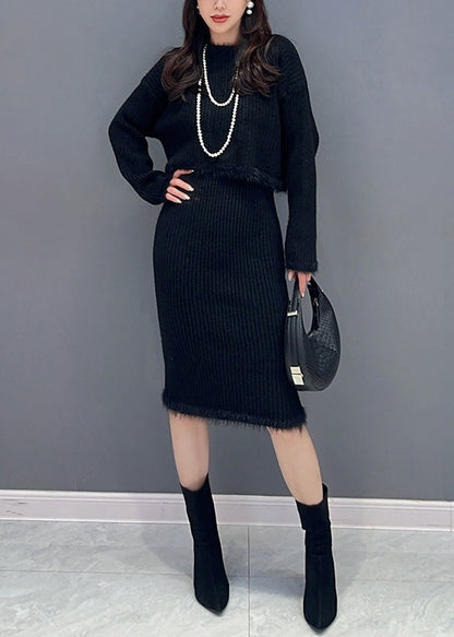 Slim Fit Black O Neck Patchwork Tops And Waistcoat Dress Knit Two Piece Set Fall Ada Fashion