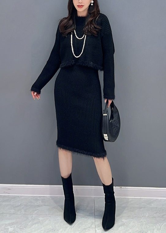 Slim Fit Black O Neck Patchwork Tops And Waistcoat Dress Knit Two Piece Set Fall Ada Fashion