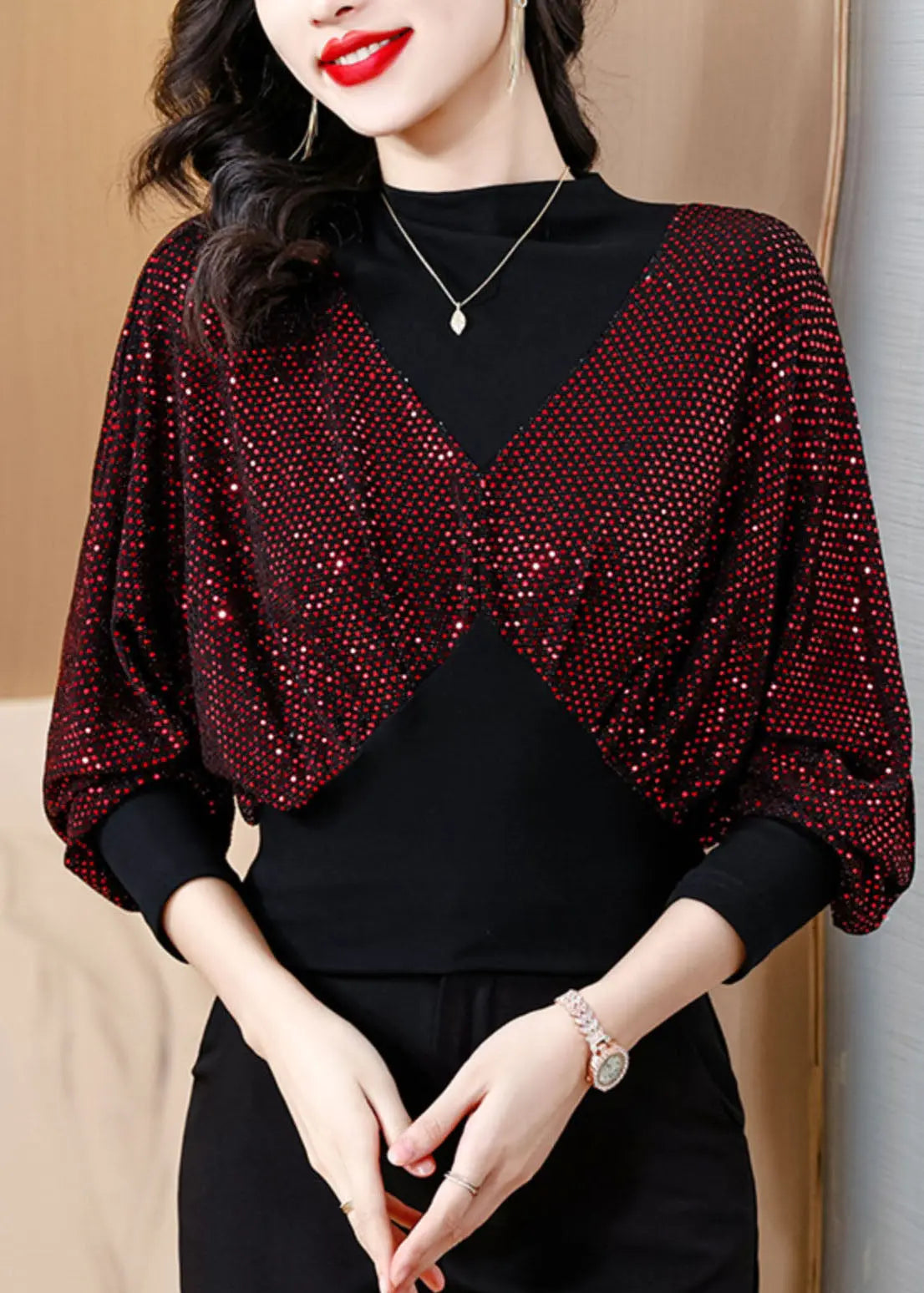 Slim Fit Black O-Neck Sequins Patchwork Fake Two Pieces Top Fall Ada Fashion