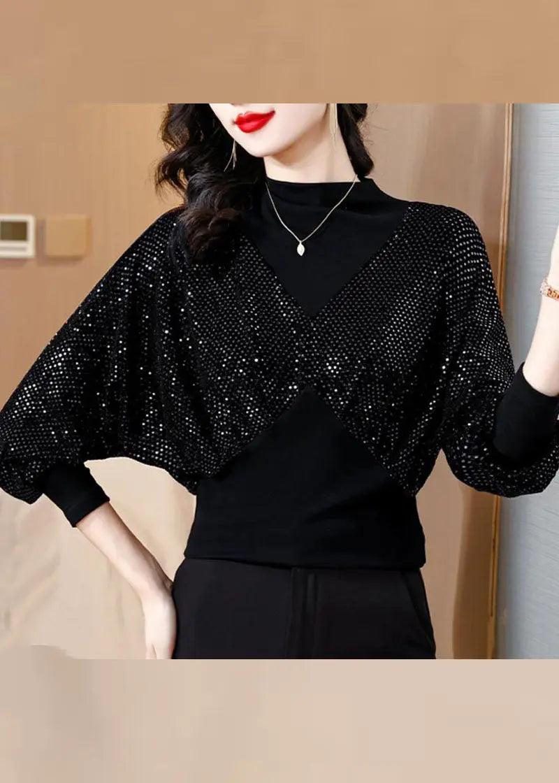 Slim Fit Black O-Neck Sequins Patchwork Fake Two Pieces Top Fall Ada Fashion