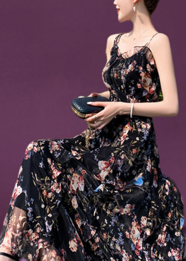 Slim Fit Black Slash Neck Ruffled Print Chiffon Long Slip Dress Summer LC0049 - fabuloryshop