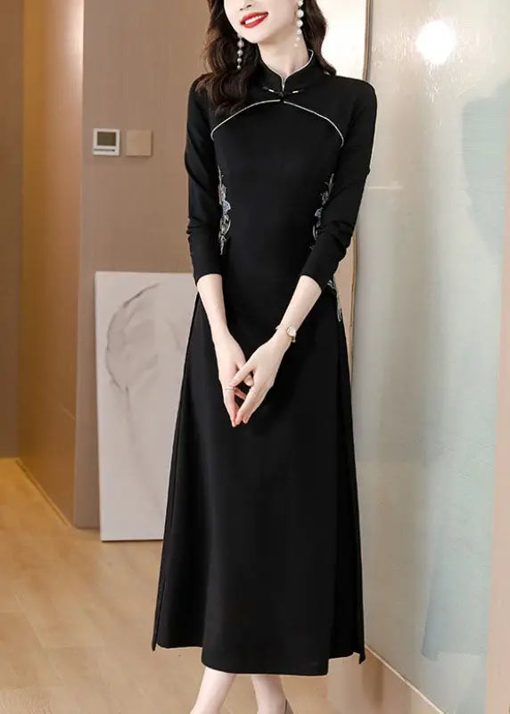 Slim Fit Black Stand Collar Embroidered Patchwork Maxi Dress Fall Ada Fashion