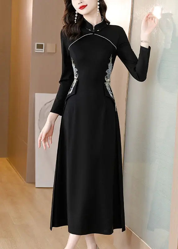 Slim Fit Black Stand Collar Embroidered Patchwork Maxi Dress Fall Ada Fashion