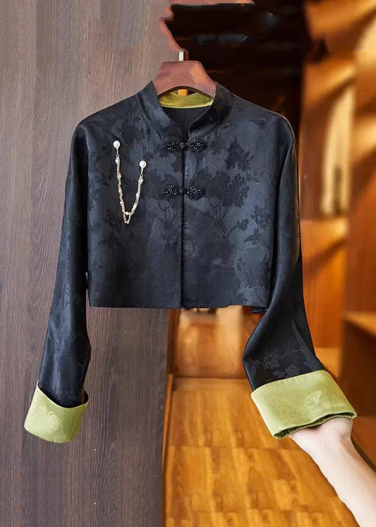 Slim Fit Black Stand Collar Embroideried Button Silk Linen Coat Long Sleeve Ada Fashion