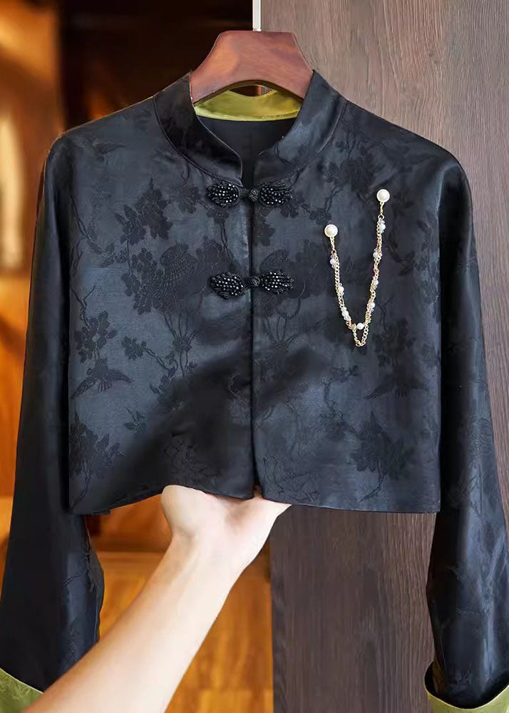 Slim Fit Black Stand Collar Embroideried Button Silk Linen Coat Long Sleeve Ada Fashion