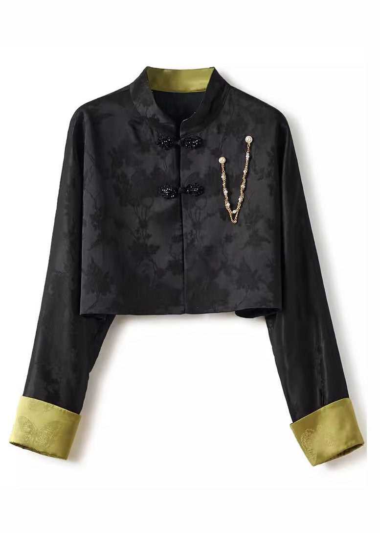 Slim Fit Black Stand Collar Embroideried Button Silk Linen Coat Long Sleeve Ada Fashion