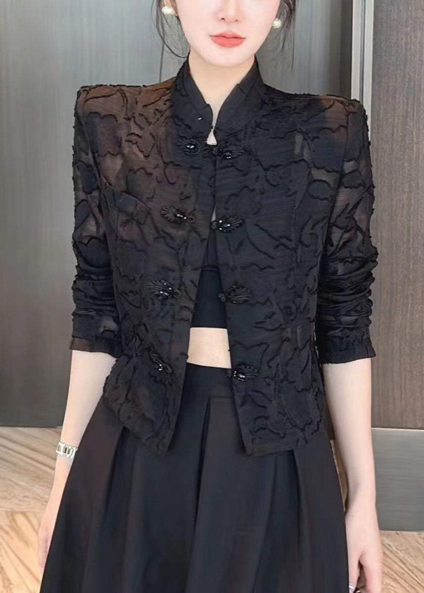 Slim Fit Black Stand Collar Embroideried Lace UPF 50+ Coats Long Sleeve Ada Fashion