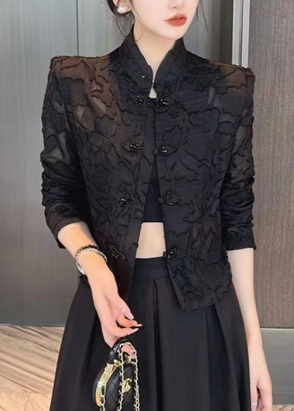 Slim Fit Black Stand Collar Embroideried Lace UPF 50+ Coats Long Sleeve Ada Fashion