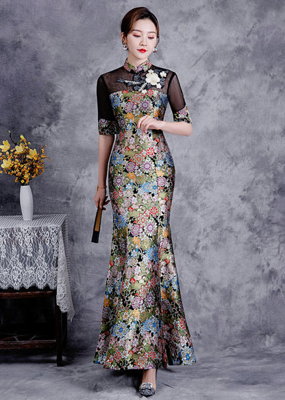 Slim Fit Black Stand Collar Embroideried Patchwork Silk Fishtail Dress Summer Ada Fashion