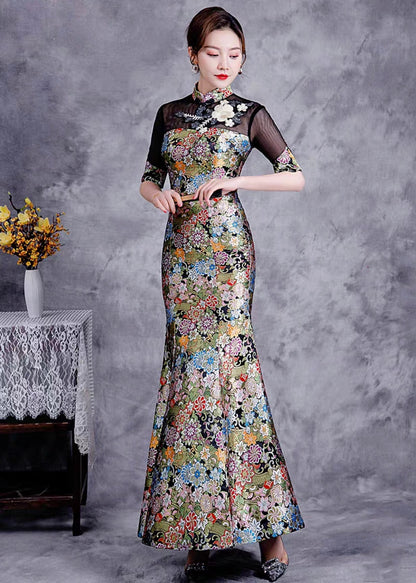 Slim Fit Black Stand Collar Embroideried Patchwork Silk Fishtail Dress Summer Ada Fashion