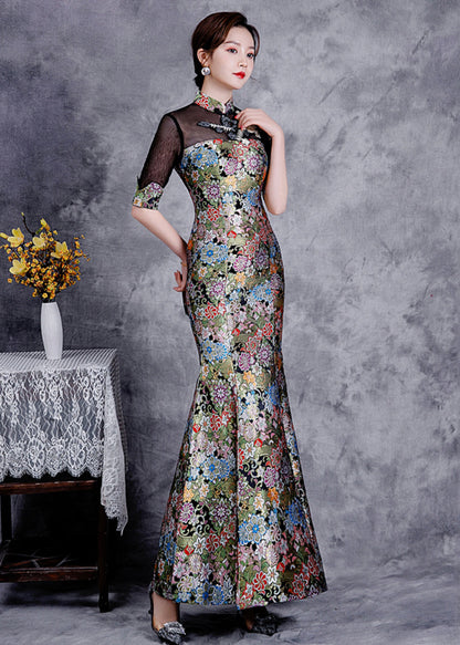 Slim Fit Black Stand Collar Embroideried Patchwork Silk Fishtail Dress Summer Ada Fashion