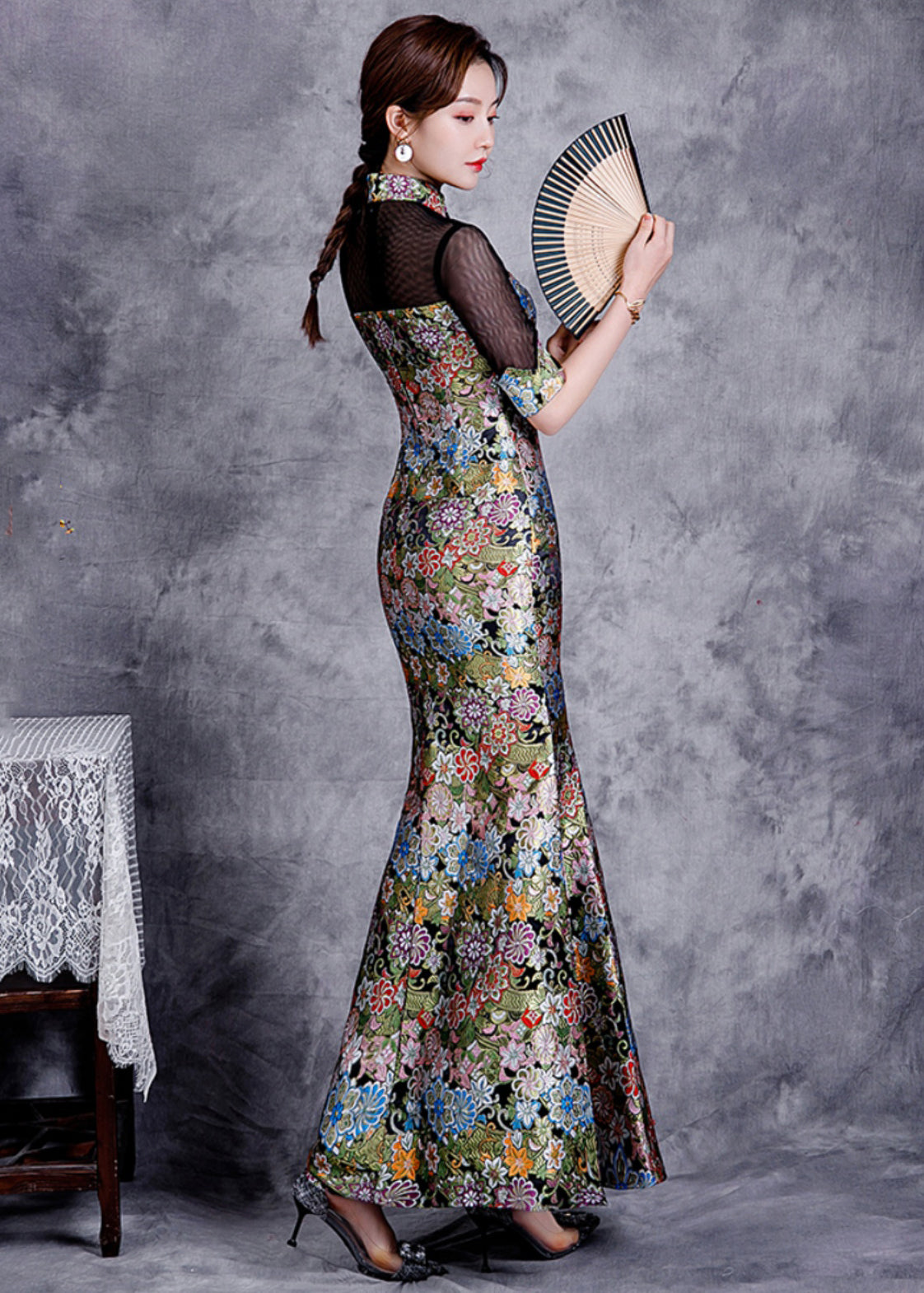 Slim Fit Black Stand Collar Embroideried Patchwork Silk Fishtail Dress Summer Ada Fashion