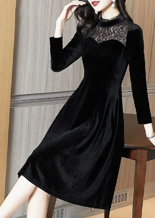 Slim Fit Black Stand Collar Lace Patchwork Silk Velour Party Dress Spring LC0065 - fabuloryshop