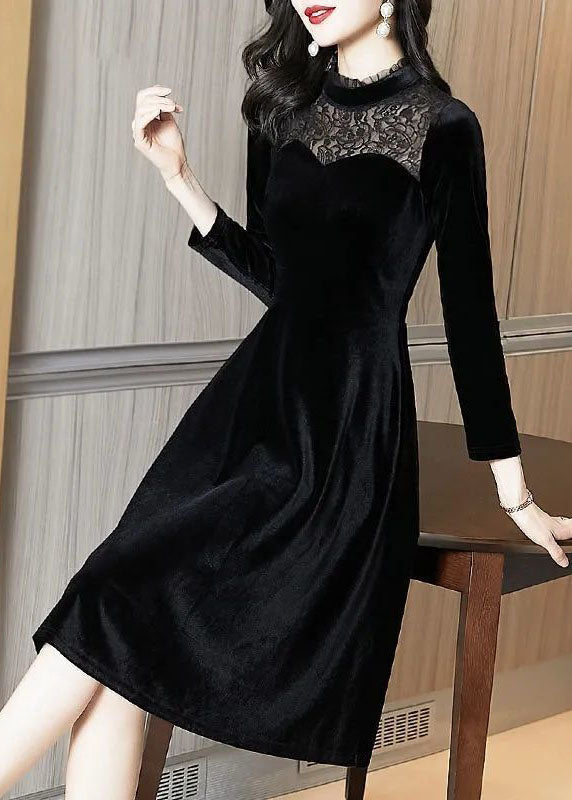 Slim Fit Black Stand Collar Lace Patchwork Silk Velour Party Dress Spring LC0065 - fabuloryshop