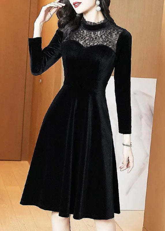 Slim Fit Black Stand Collar Lace Patchwork Silk Velour Party Dress Spring LC0065 - fabuloryshop