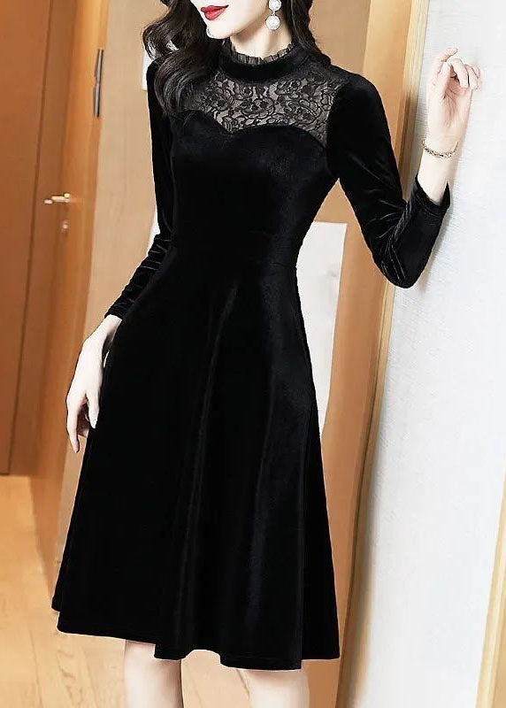 Slim Fit Black Stand Collar Lace Patchwork Silk Velour Party Dress Spring LC0065 - fabuloryshop