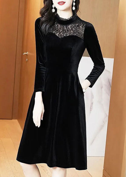 Slim Fit Black Stand Collar Lace Patchwork Silk Velour Party Dress Spring LC0065 - fabuloryshop