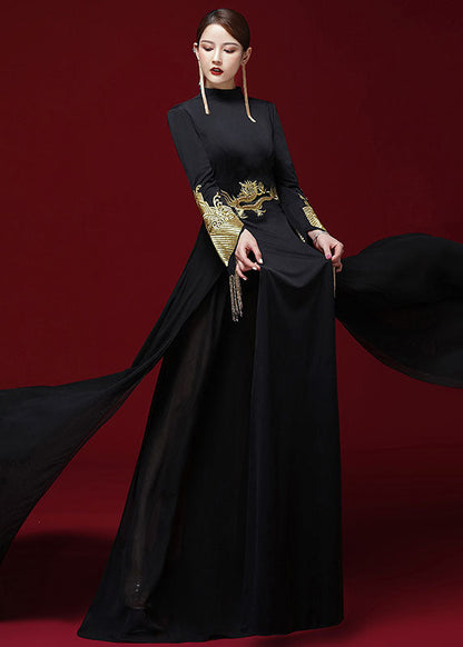 Slim Fit Black Stand Collar Patchwork Silk Mopping Fishtail Maxi Dress Long Sleeve Ada Fashion