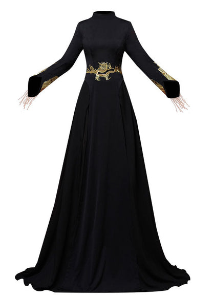 Slim Fit Black Stand Collar Patchwork Silk Mopping Fishtail Maxi Dress Long Sleeve Ada Fashion