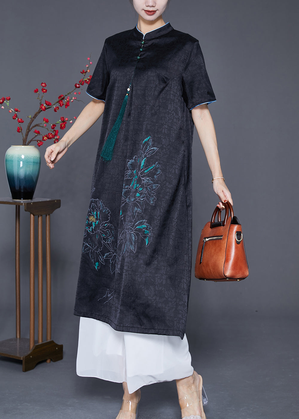 Slim Fit Black Stand Collar Print Tassel Silk Maxi Dress Summer Ada Fashion