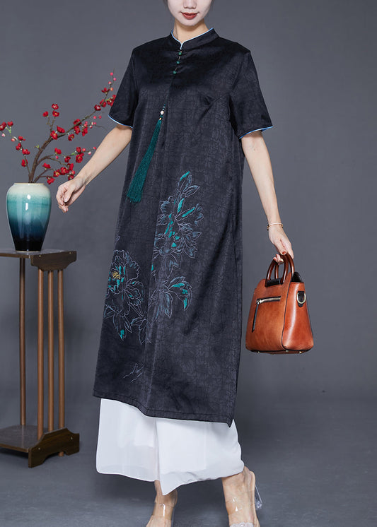 Slim Fit Black Stand Collar Print Tassel Silk Maxi Dress Summer Ada Fashion