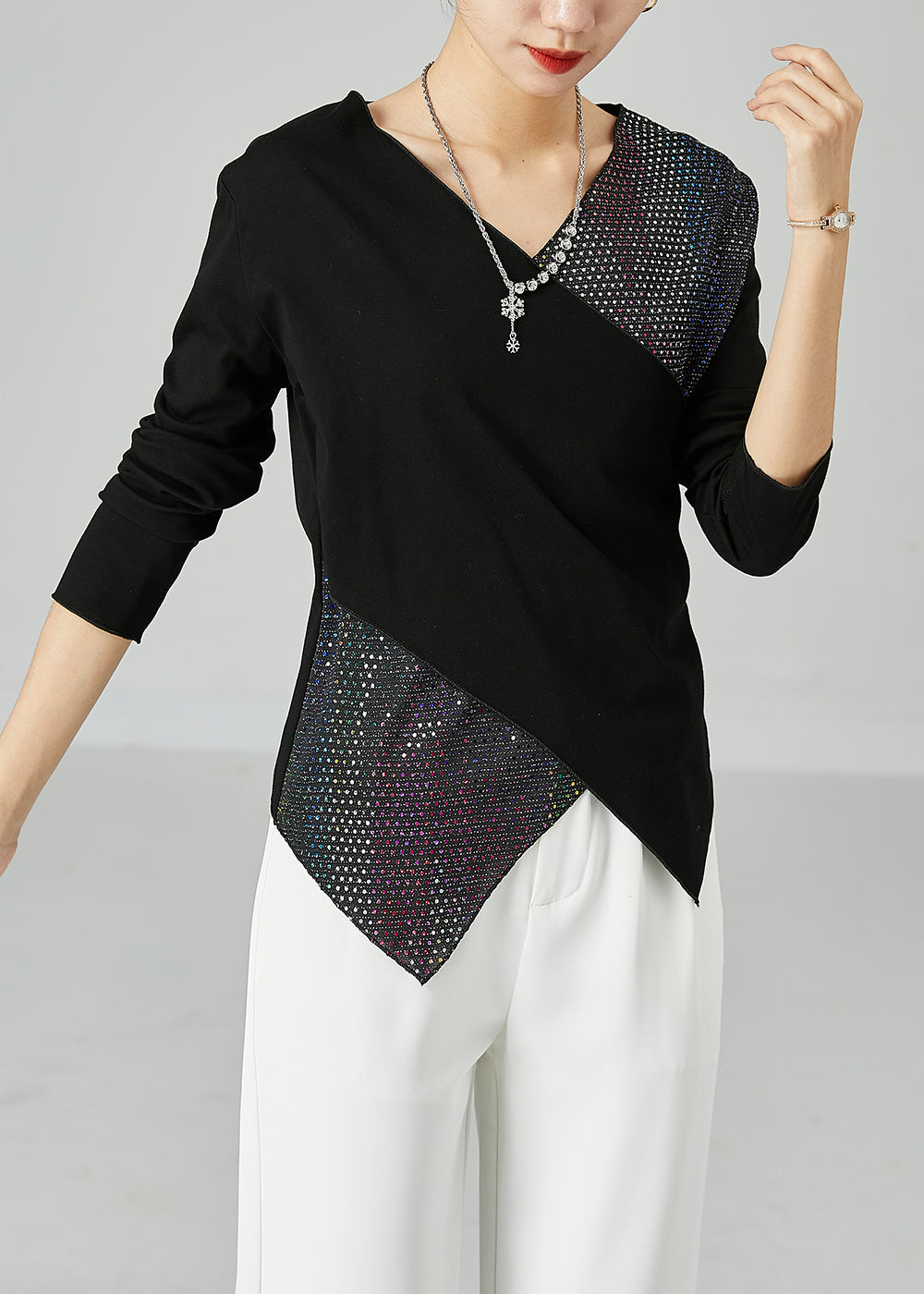 Slim Fit Black V Neck Patchwork Zircon Cotton Blouses Spring LY2465 - fabuloryshop