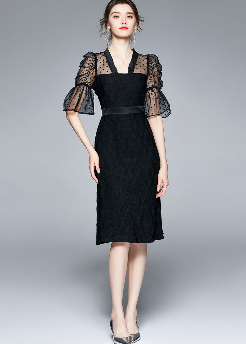 Slim Fit Black V Neck Tulle Patchwork Cotton Dress Flare Sleeve LY7380 - fabuloryshop
