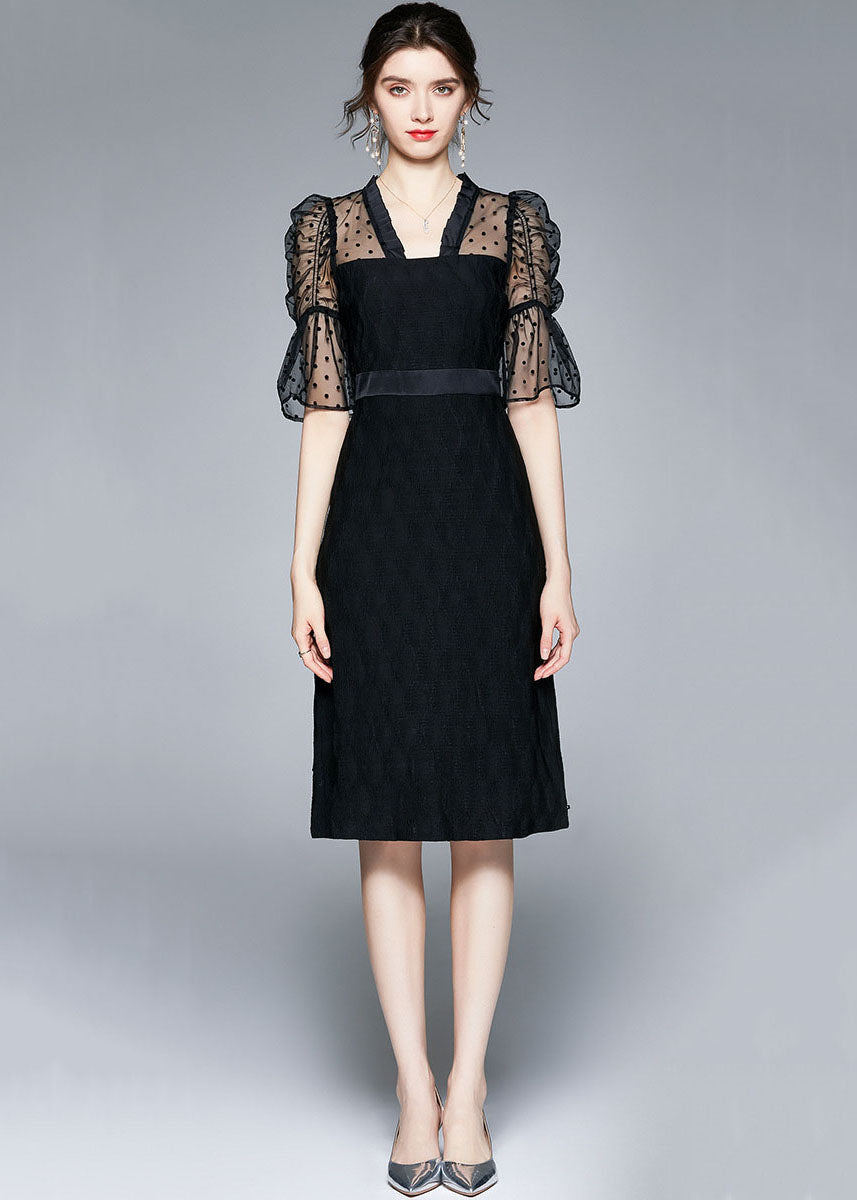 Slim Fit Black V Neck Tulle Patchwork Cotton Dress Flare Sleeve LY7380 - fabuloryshop