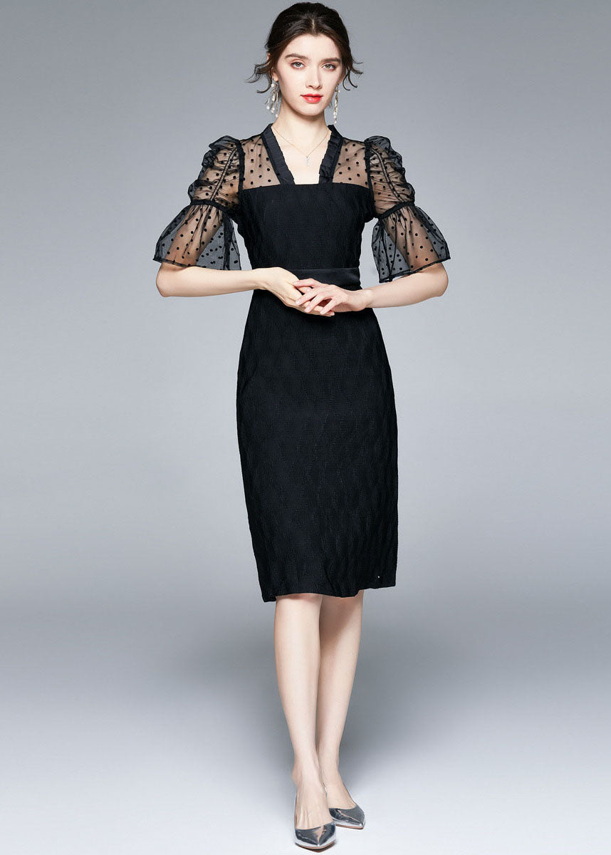Slim Fit Black V Neck Tulle Patchwork Cotton Dress Flare Sleeve LY7380 - fabuloryshop