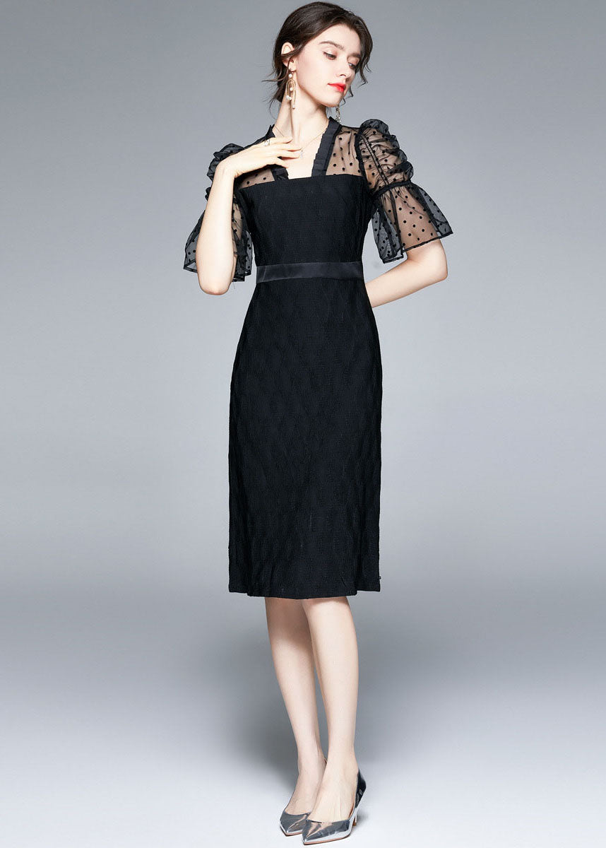 Slim Fit Black V Neck Tulle Patchwork Cotton Dress Flare Sleeve LY7380 - fabuloryshop