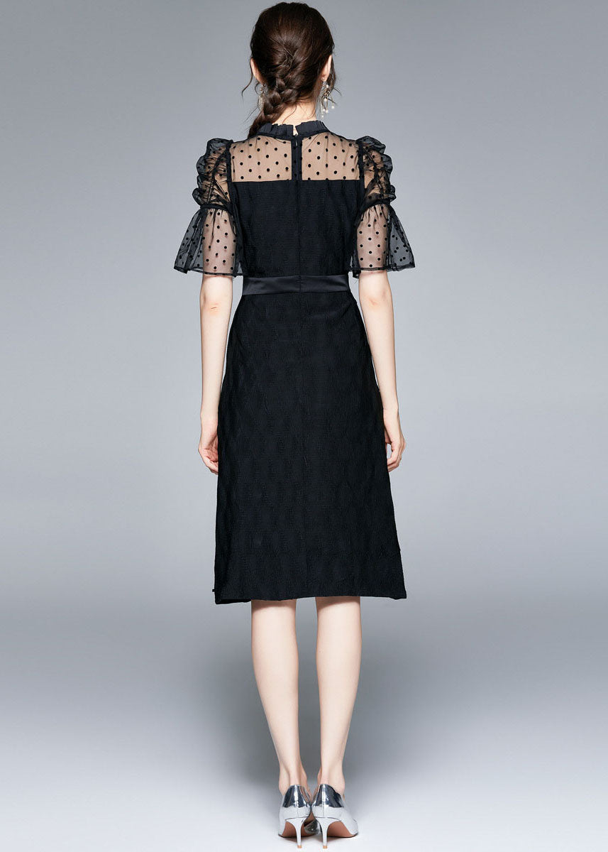 Slim Fit Black V Neck Tulle Patchwork Cotton Dress Flare Sleeve LY7380 - fabuloryshop