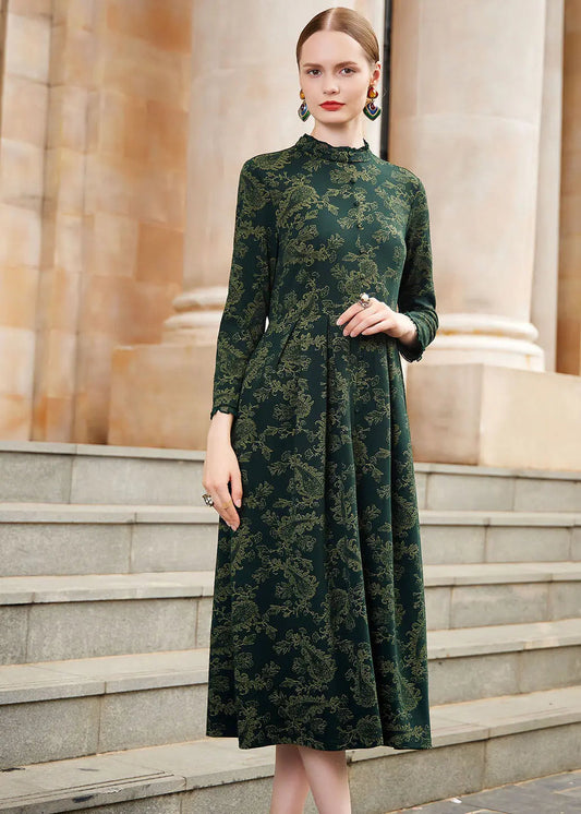 Slim Fit Blackish Green Print Wrinkled High Waist Knit Maxi Dresses Long Sleeve Ada Fashion