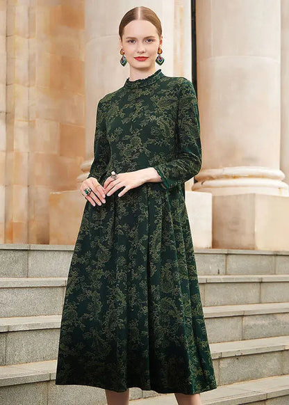 Slim Fit Blackish Green Print Wrinkled High Waist Knit Maxi Dresses Long Sleeve Ada Fashion