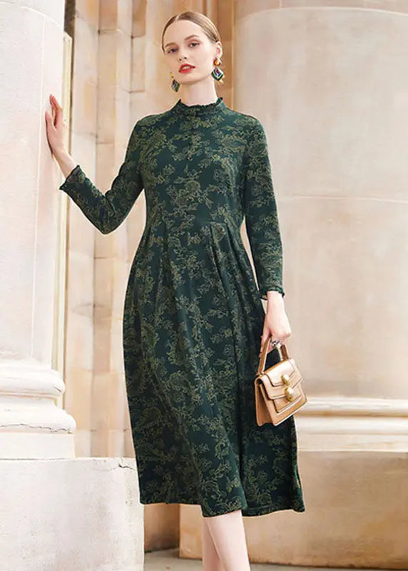 Slim Fit Blackish Green Print Wrinkled High Waist Knit Maxi Dresses Long Sleeve Ada Fashion