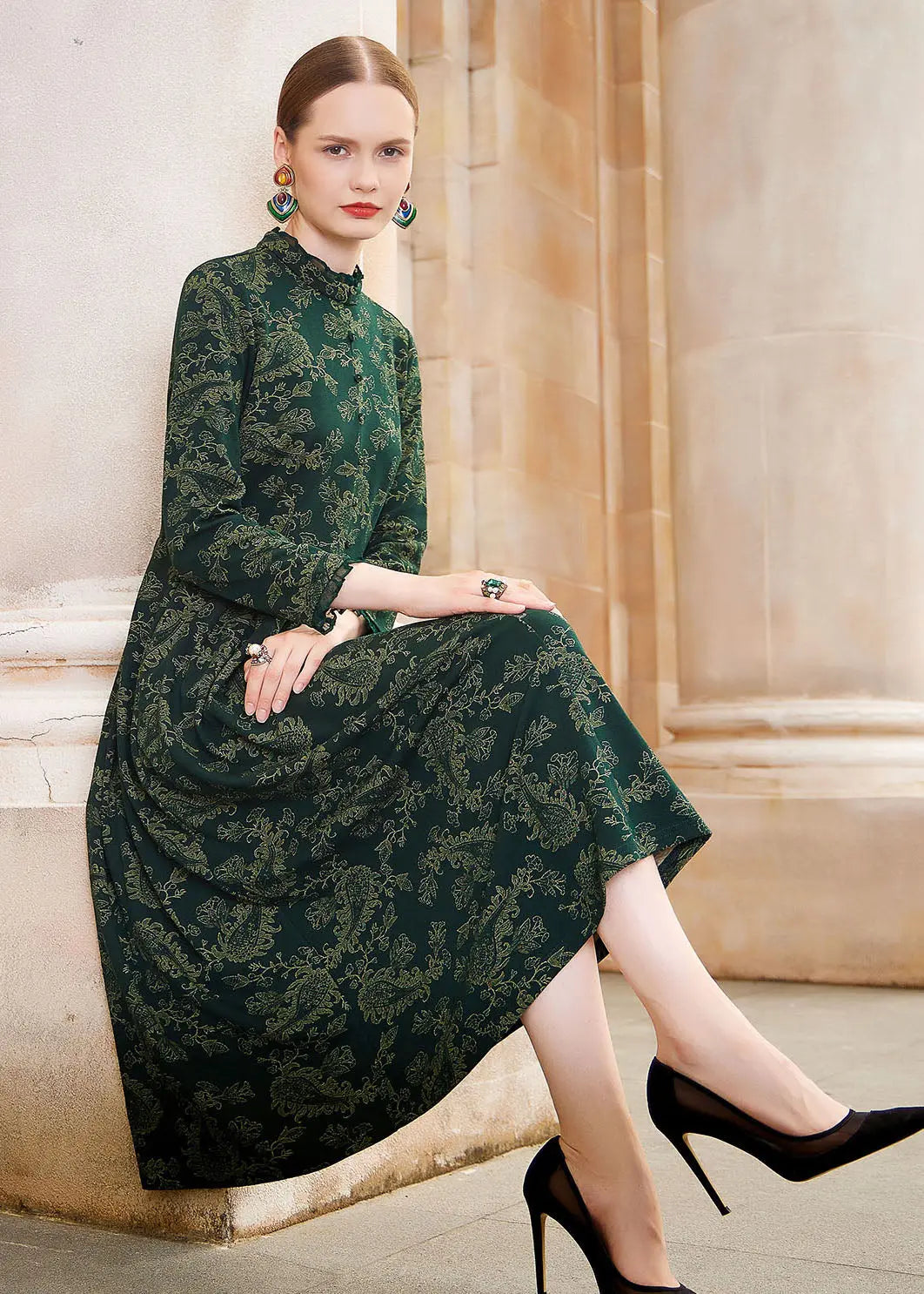 Slim Fit Blackish Green Print Wrinkled High Waist Knit Maxi Dresses Long Sleeve Ada Fashion