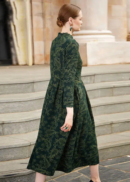 Slim Fit Blackish Green Print Wrinkled High Waist Knit Maxi Dresses Long Sleeve Ada Fashion