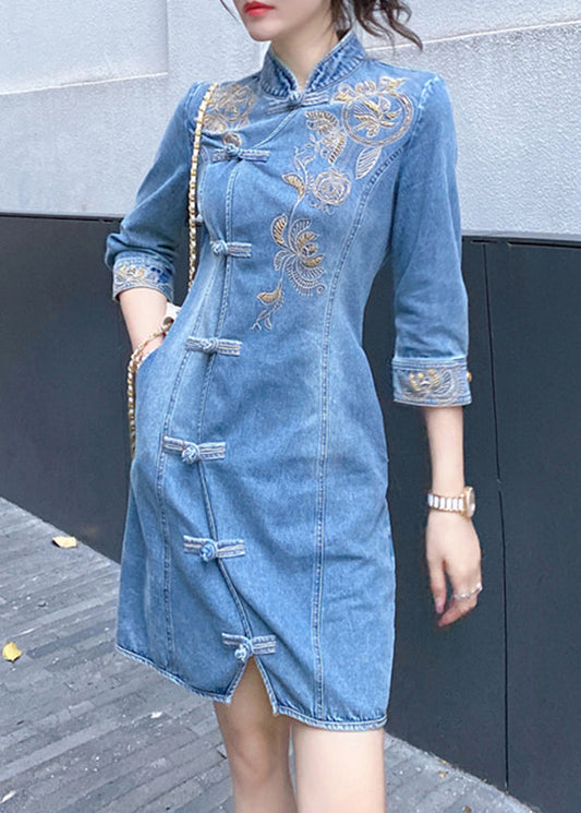 Slim Fit Blue Embroideried Floral Button Denim Mid Dresses Bracelet Sleeve Ada Fashion