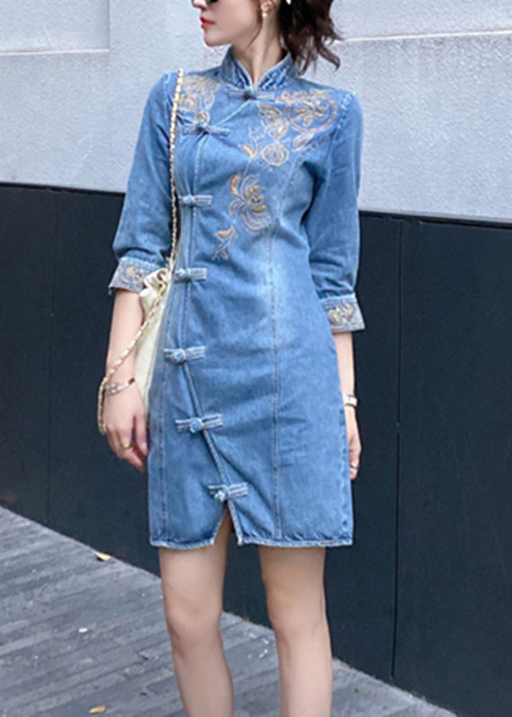 Slim Fit Blue Embroideried Floral Button Denim Mid Dresses Bracelet Sleeve Ada Fashion