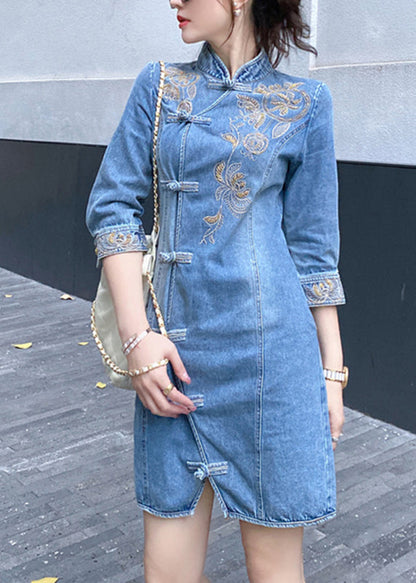 Slim Fit Blue Embroideried Floral Button Denim Mid Dresses Bracelet Sleeve Ada Fashion