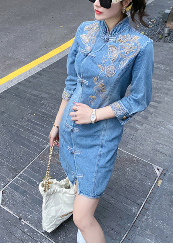 Slim Fit Blue Embroideried Floral Button Denim Mid Dresses Bracelet Sleeve Ada Fashion