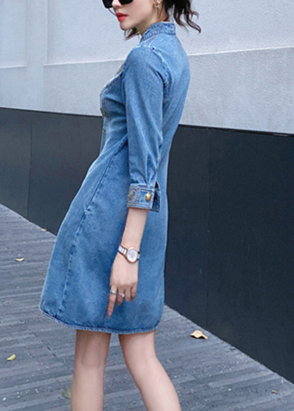 Slim Fit Blue Embroideried Floral Button Denim Mid Dresses Bracelet Sleeve Ada Fashion