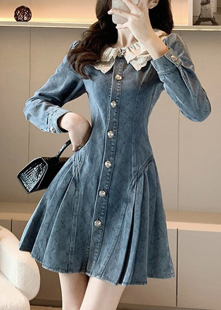 Slim Fit Blue O-Neck Lace Patchwork Button Denim Mid Dress Long Sleeve TY1088